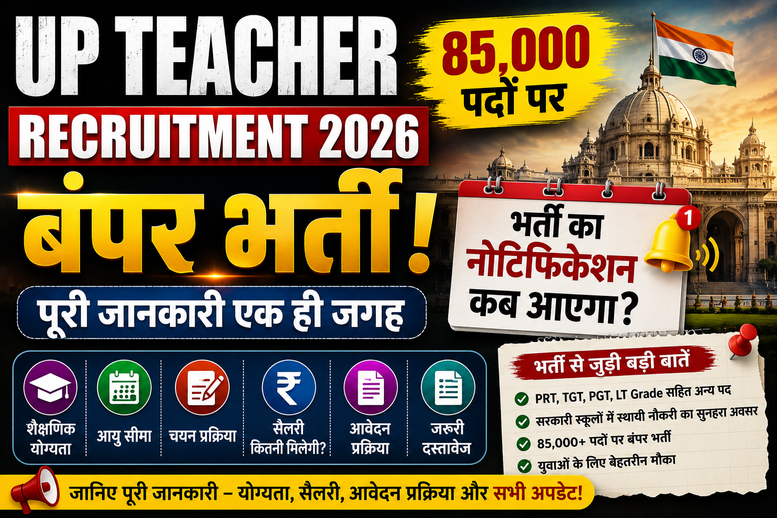 UP Teacher Recruitment 2026: 85,000 पदों पर बंपर भर्ती की पूरी जानकारी भर्ती का नोटिफिकेशन कब आएगा?